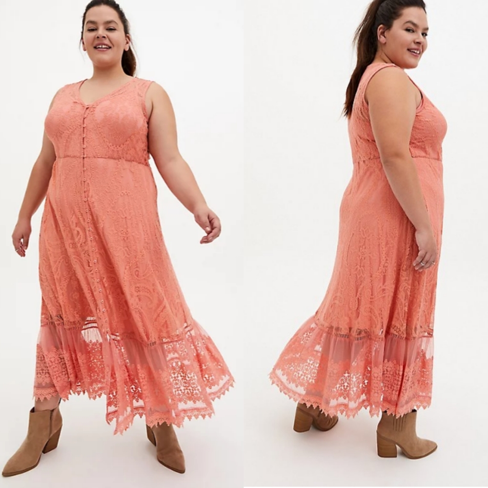 Torrid Coral Lace Button Front Maxi Skater Dress - Picture 1 of 16